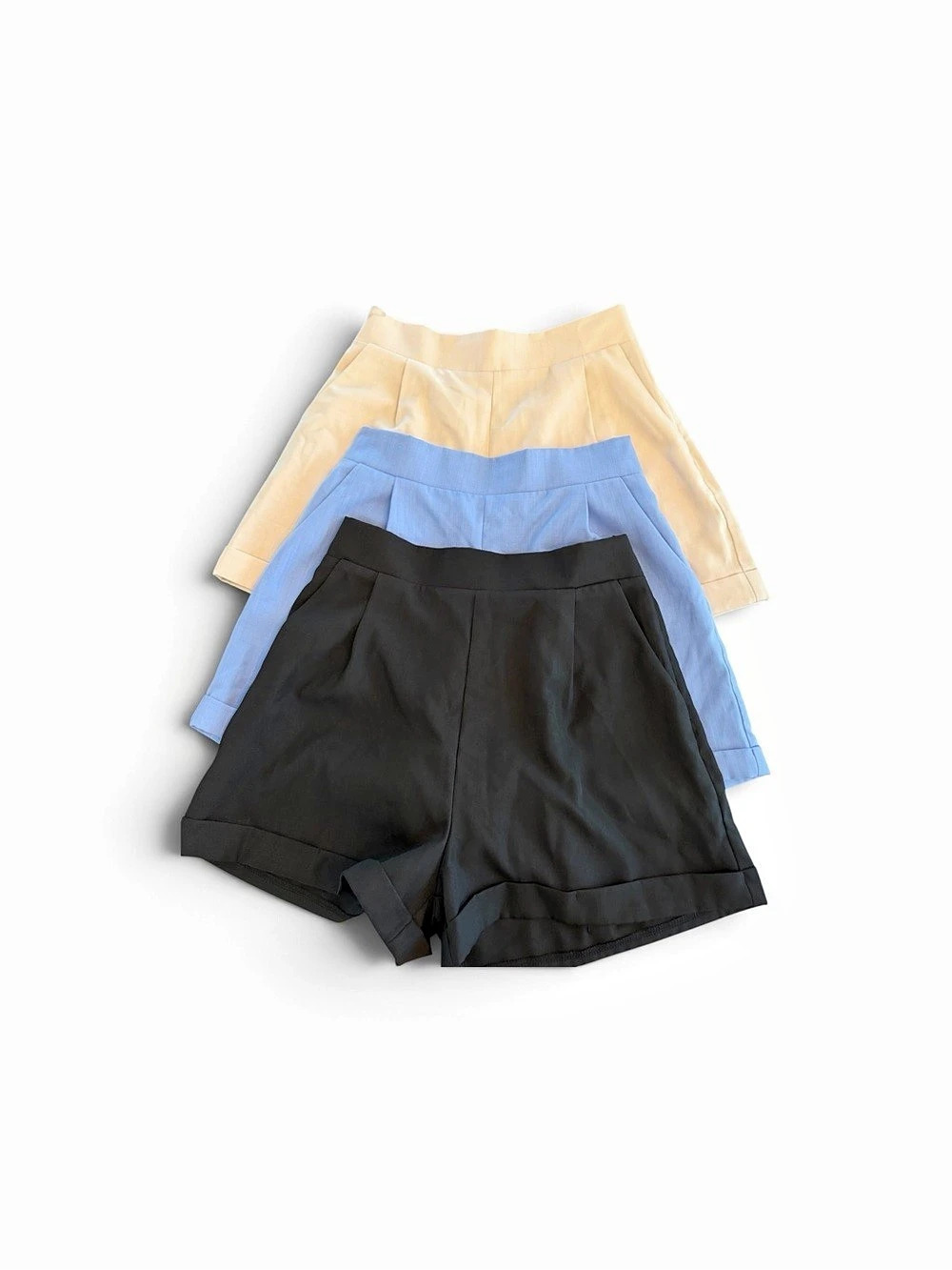3-Pc Women’s Tailored High Rise Pleated Shorts Bundle Black Blue Cream